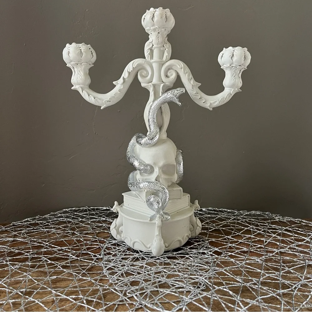 Skeleton Skull Spell Books & Snake Whimsical Candelabra Decor NWOT Candle Holder